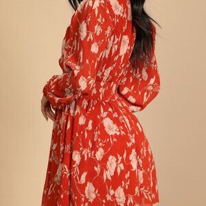 Lulus Autumn Dreams Rust Orange Floral Print Long Sleeve Mini Dress - Size XS